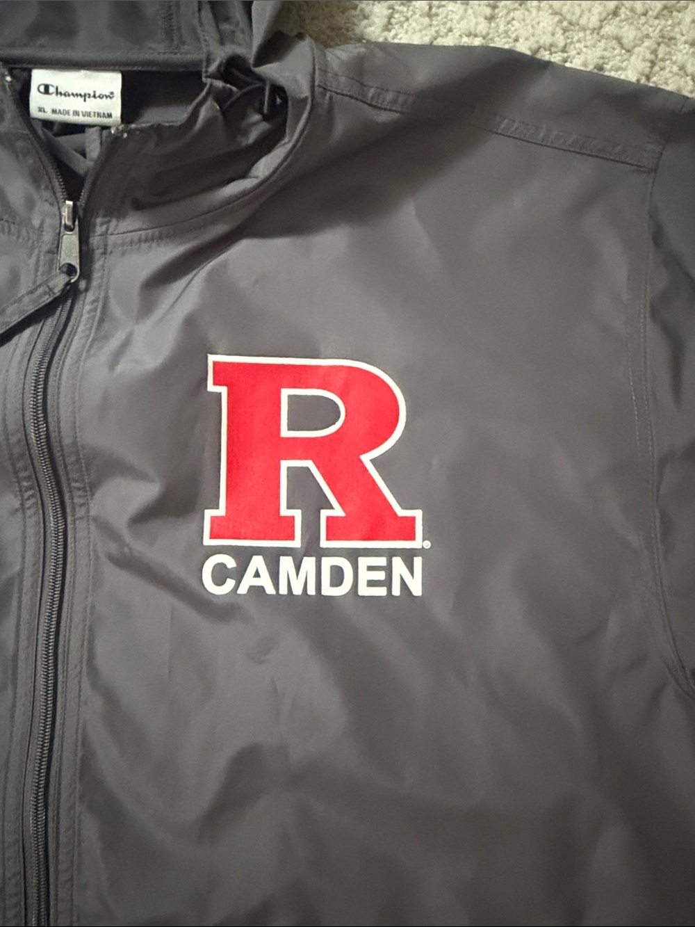 Rutgers Camden Champion Gray Hooded Windbreaker with Red 'R' - Picture 3 of 5
